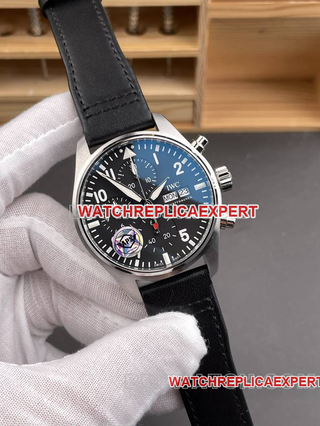 watch aps factory pilot IWC black dialchronograph leather braceletfront live photo