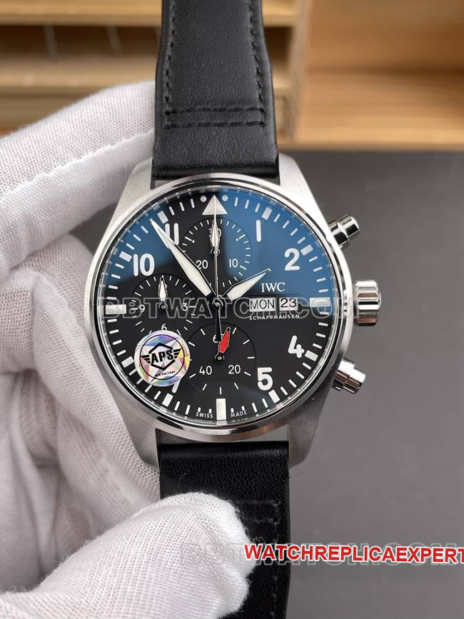 watch aps factory pilot IWC black dialchronograph leather braceletfront live photo