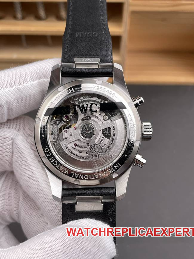 watch aps factory pilot IWC black dialchronograph leather bracelet caseback live photo