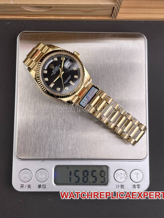 top-tier watch QF factory Day-DateRolexblack dialyellow gold2836 mechanical 36mm weight live photos