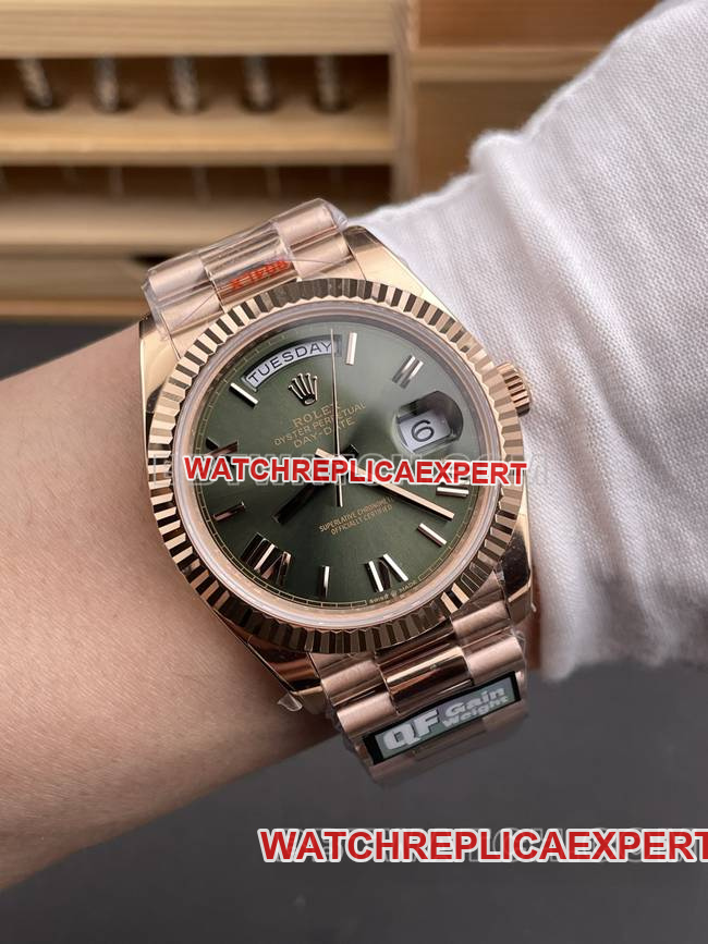 top-tier watch QF factory RolexDay-Date olive green dialrose gold40mm wearing live photos