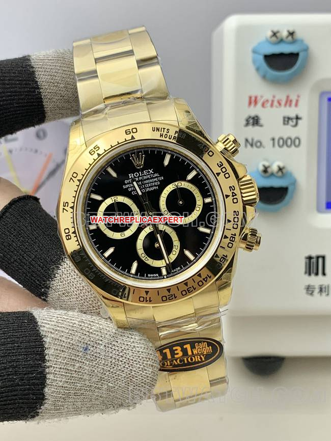 QF factory 1:1replica watch DaytonaRolexblack dialyellow gold4131 mechanical front live photo
