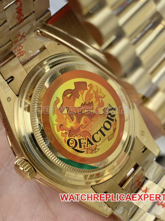 1:1replica watch QF factory RolexDay-Dateblack dialyellow gold2836movement40mmcaseback live photo