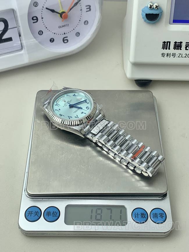 collectible watch QF factory Rolex Day-Date ice blue dial Middle East time scale 40mm weight live photos