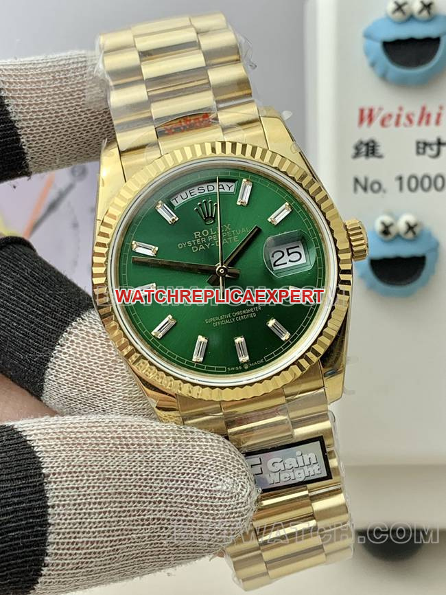 QF factory collectible watch Day-DateRolexgreen dialyellow gold36mmfront live photo