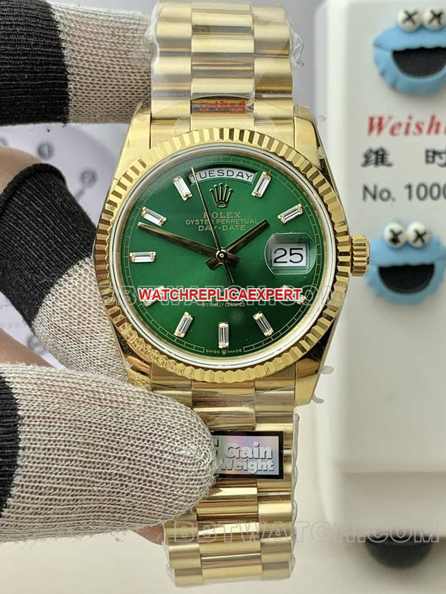 QF factory collectible watch Day-DateRolexgreen dialyellow gold36mmfront live photo