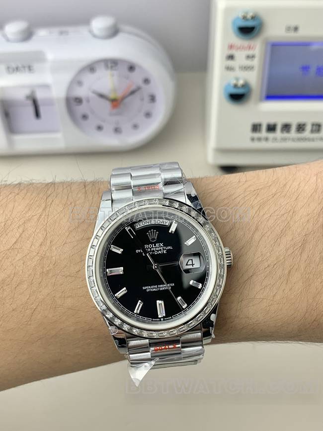 QF factory 1:1replica watch Day-DateRolexblack dial square diamond bezel40mm wearing live photos