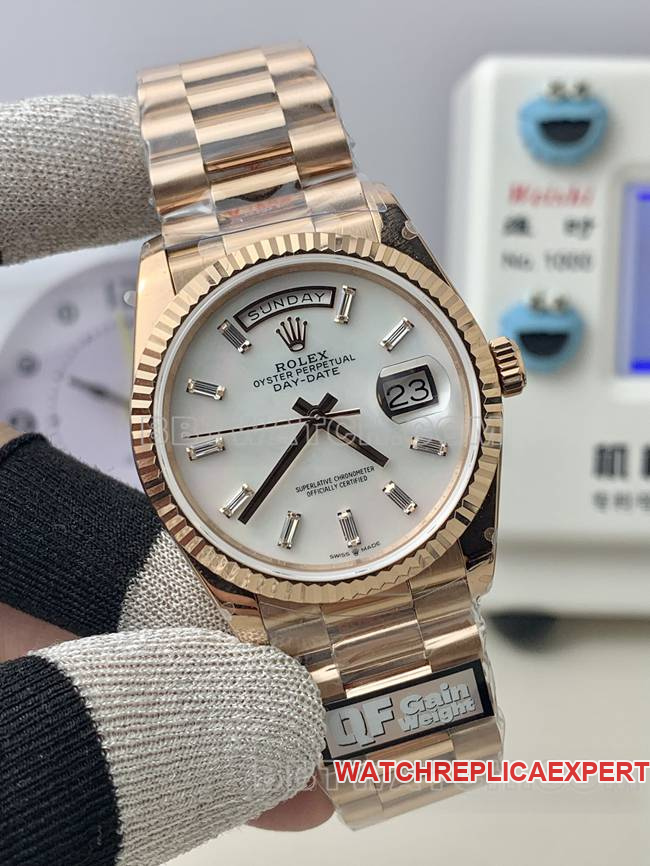 QF Factory Watch Day-Date Rolex MOP Dial Rose Gold 36mm Front Real Shot