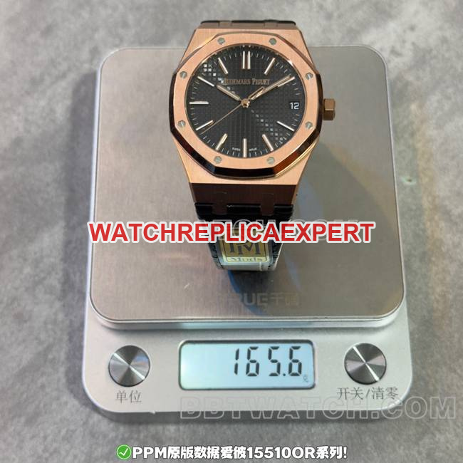 top-tier watch PPM factory Royal Oak Audemars Piguetblack dialrose gold leather bracelet weight live photos
