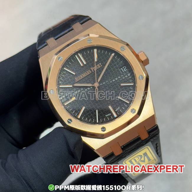 Top watch PPM factory Royal Oak Audemars Piguet black dial rose gold leather strap front actual photo