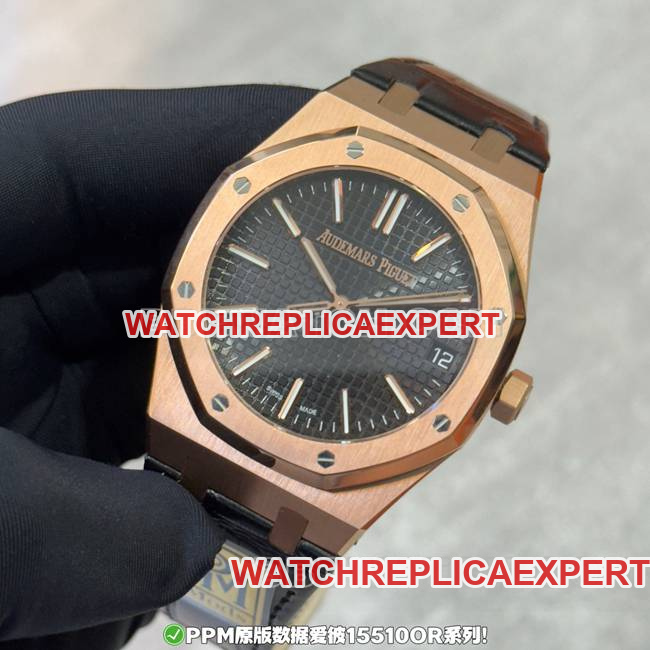 Top watch PPM factory Royal Oak Audemars Piguet black dial rose gold leather strap front actual photo