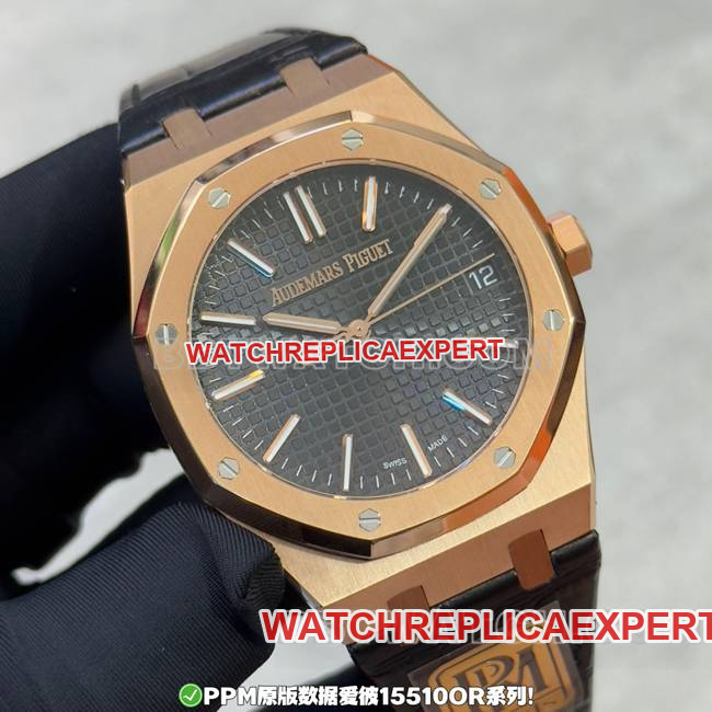 Top watch PPM factory Royal Oak Audemars Piguet black dial rose gold leather strap front actual photo