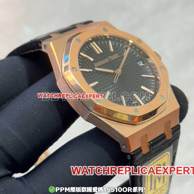 top-tier watchPPM factory Royal OakAudemars Piguetblack dialrose gold leather braceletside live photo