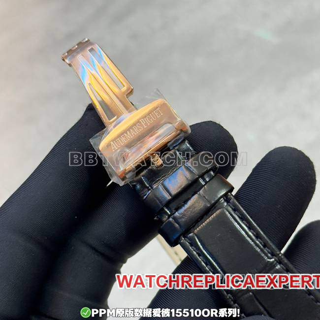 top-tier watchPPM factory Royal OakAudemars Piguetblack dialrose gold leather braceletclasplive photos