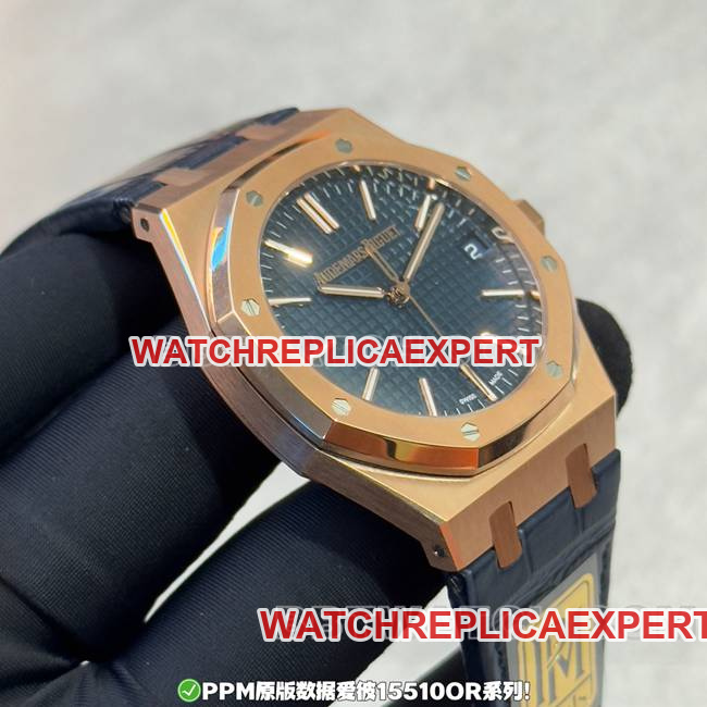 collectible watch PPM factory Royal Oak Audemars Piguet blue dial rose gold leather strap side actual photos
