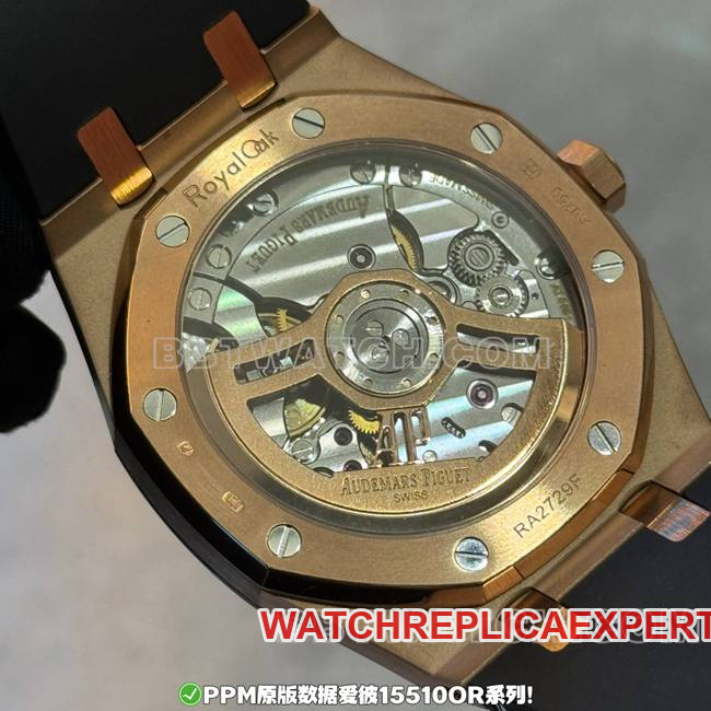 Meticulously replicated Audemars Piguet Royal Oak, PPM factory, blue dial, rose gold, leather strap, back view real photos