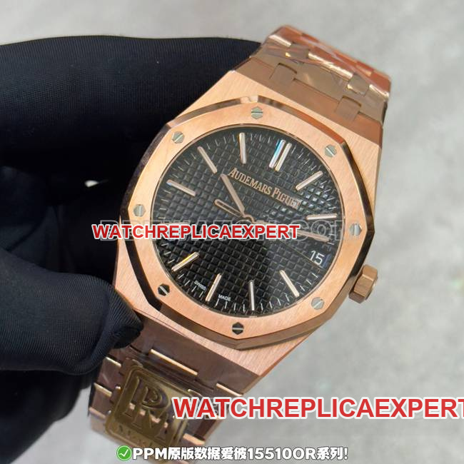 watch PPM factory Royal Oak Audemars Piguet black dial rose gold steel band front real shot photo