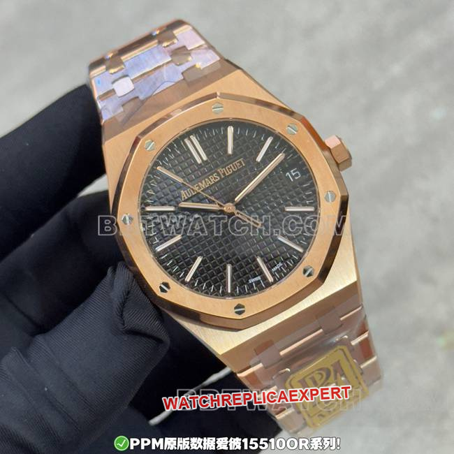 watch PPM factory Royal Oak Audemars Piguet black dial rose gold steel band front real shot photo