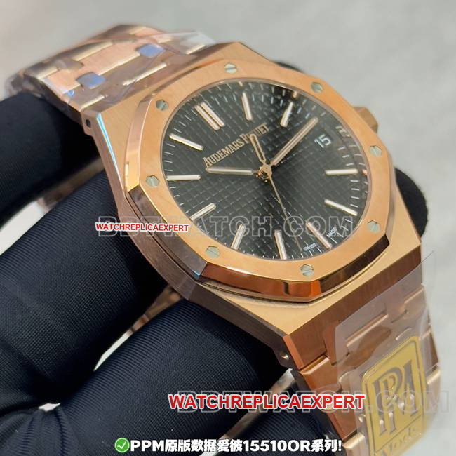 watch PPM factory Royal Oak Audemars Piguet black dial rose gold steel strap side real shot photos