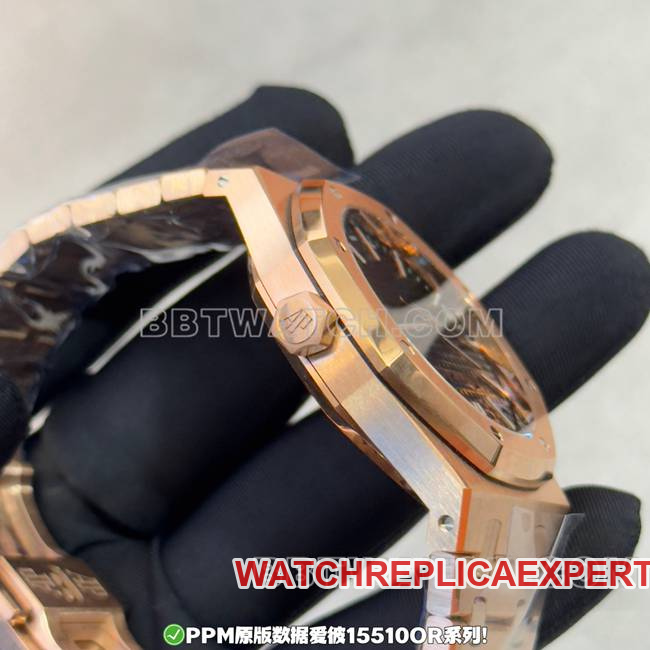 watch PPM factory Royal Oak Audemars Piguet black dial rose gold steel strap side real shot photos