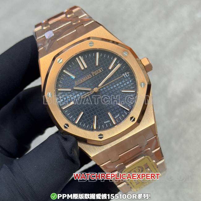 Watches AP Royal Oak Blue Dial Rose Gold Steel Strap Front Real Shot