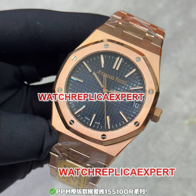 Watches AP Royal Oak Blue Dial Rose Gold Steel Strap Front Real Shot