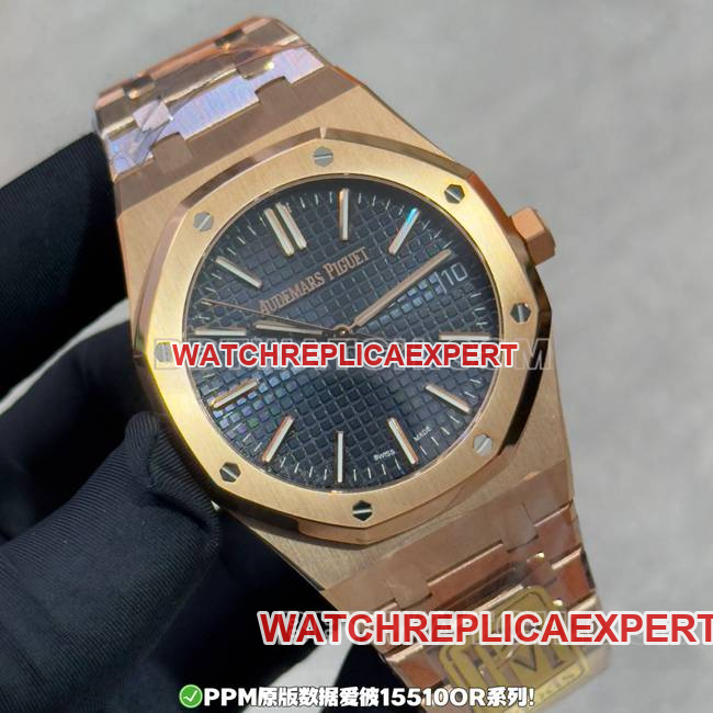 Watches AP Royal Oak Blue Dial Rose Gold Steel Strap Front Real Shot