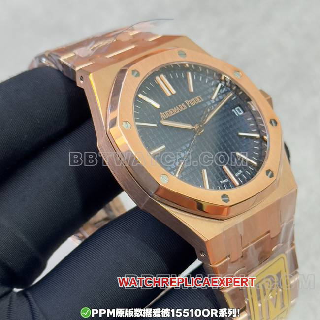Watch PPF Factory Royal Oak Audemars Piguet Blue Dial Rose Gold Steel Strap Side Real Shot