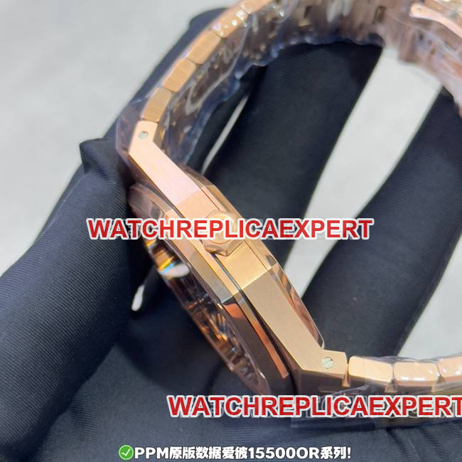 collectible Watch PPM Factory Royal Oak Audemars Piguet Black Dial Rose Gold Steel Strap 15500 Side Real Shot