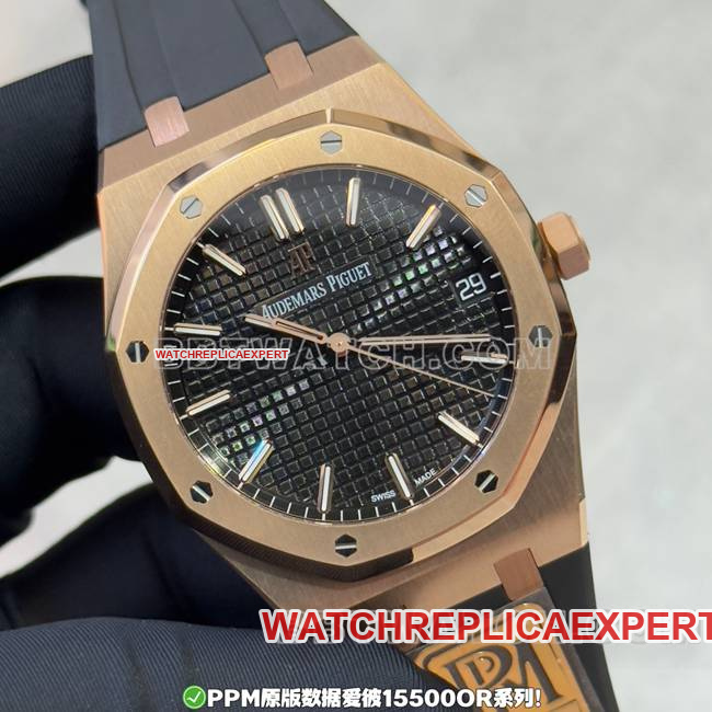 PPM factory top Audemars Piguet Royal Oak stainless steel black dial rose gold rubber strap 15500 real product photo from the front