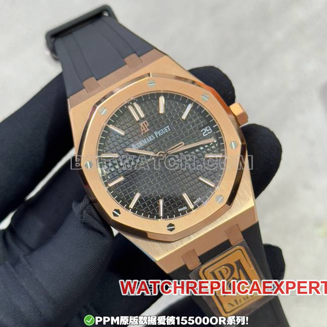PPM factory top Audemars Piguet Royal Oak stainless steel black dial rose gold rubber strap 15500 real product photo from the front