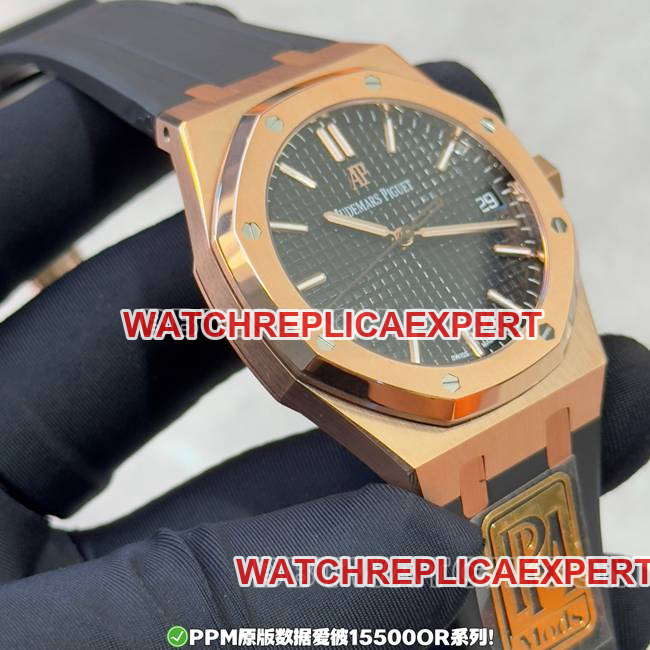PPM Factory Top Audemars Piguet Royal Oak Black Dial Rose Gold Rubber Strap 15500 Side Real Shot Images