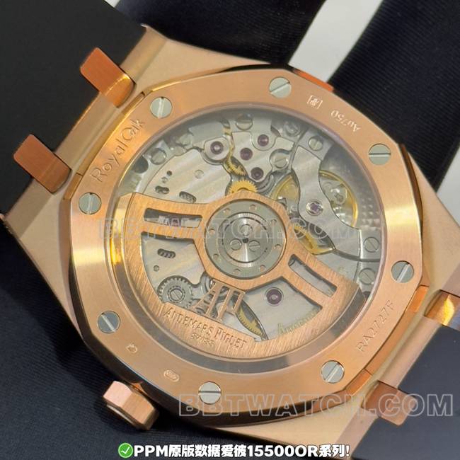 PPM Factory Top Audemars Piguet Royal Oak Black Dial Rose Gold Rubber Strap 15500 Real Back Shot Photos