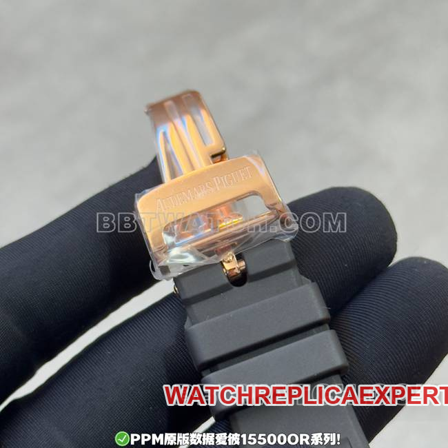 PPM Factory Top Audemars Piguet Royal Oak Black Dial Rose Gold Rubber Strap 15500 Real Shot Buckle