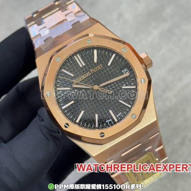 watch PPM factory Royal Oak Audemars Piguet black dial rose gold steel band front real shot photo
