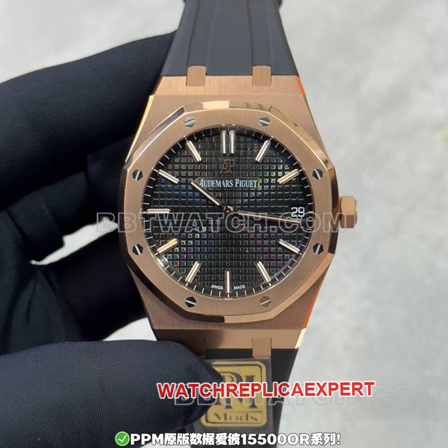 PPM factory top Audemars Piguet Royal Oak stainless steel black dial rose gold rubber strap 15500 real product photo from the front