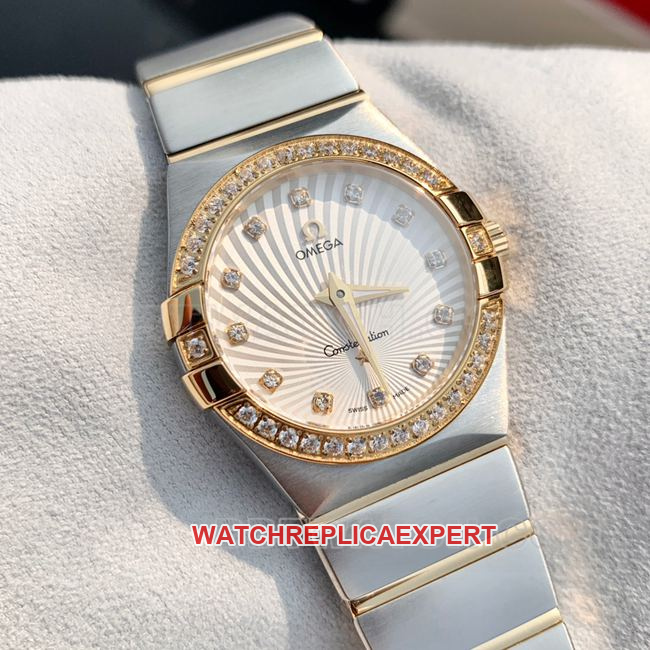 collectible watch Omega Constellation white dial gold diamond bezel 28mm quartz actual product photos