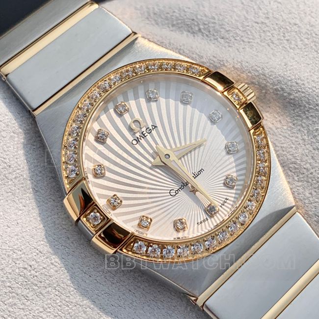 collectible watch Omega Constellation white dial gold diamond bezel 28mm quartz actual product photos