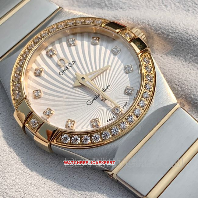 collectible watch Omega Constellation white dial gold diamond bezel 28mm quartz actual product photos
