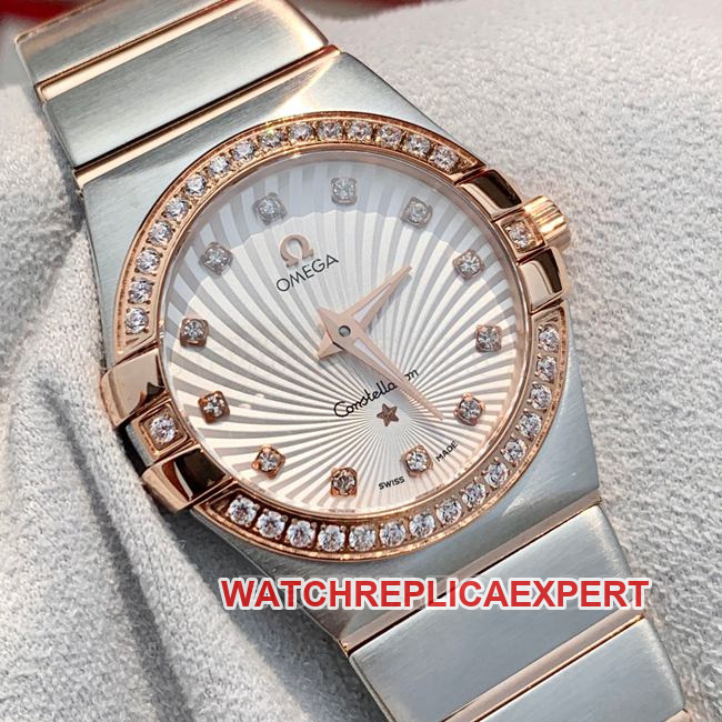 Top-Quality Watch: Omega Constellation with White Dial and Rose Gold Diamond Bezel, 28 mm, Quartz—Front View (Actual Photos)