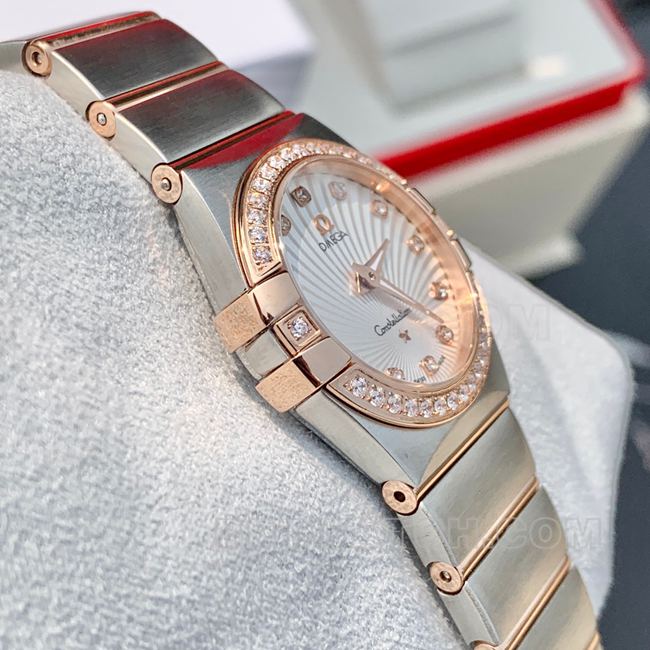 Top Omega Constellation white dial rose gold diamond bezel 28mm quartz side real shot pictures