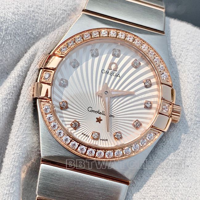 Top-Quality Watch: Omega Constellation with White Dial and Rose Gold Diamond Bezel, 28 mm, Quartz—Front View (Actual Photos)