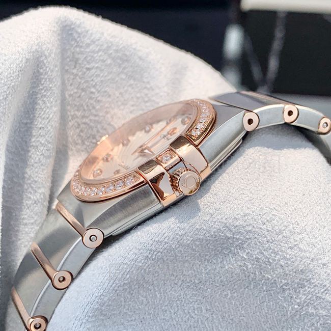 Top Omega Constellation white dial rose gold diamond bezel 28mm quartz side real shot pictures