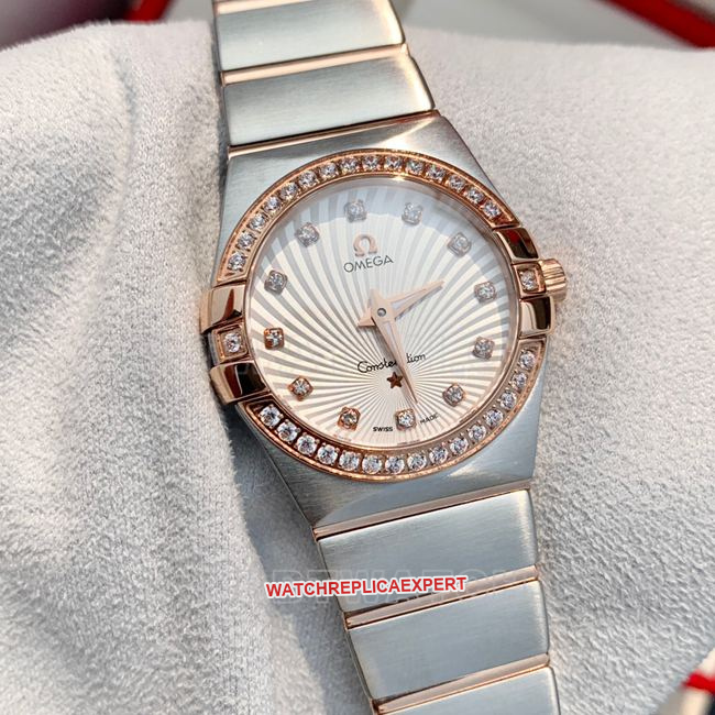 Top-Quality Watch: Omega Constellation with White Dial and Rose Gold Diamond Bezel, 28 mm, Quartz—Front View (Actual Photos)