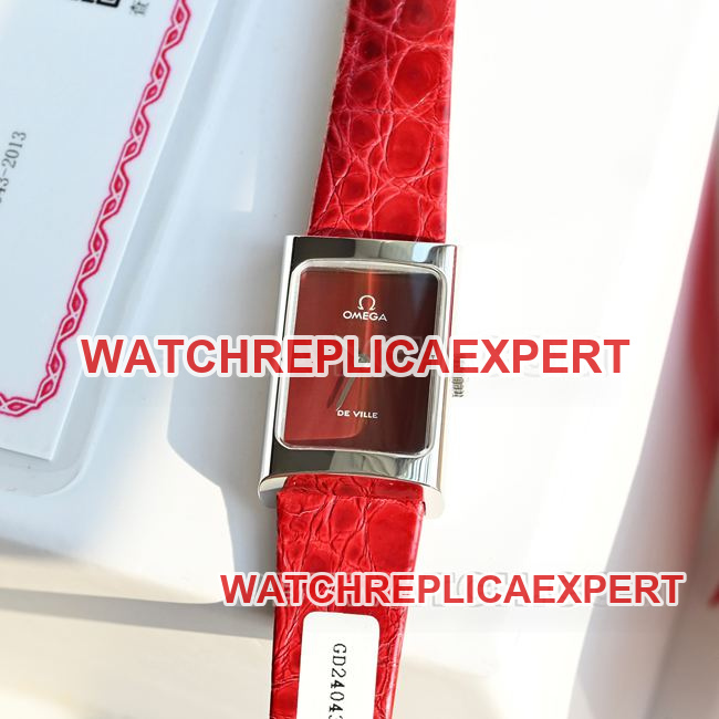 collectible Watch DeVille Omega Red Dial Quartz Red Leather Strap Front Real Photo