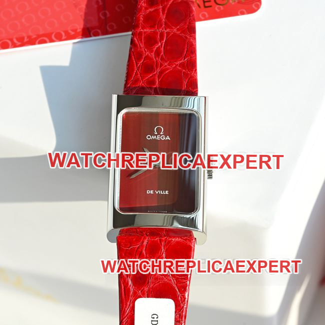 collectible Watch DeVille Omega Red Dial Quartz Red Leather Strap Front Real Photo