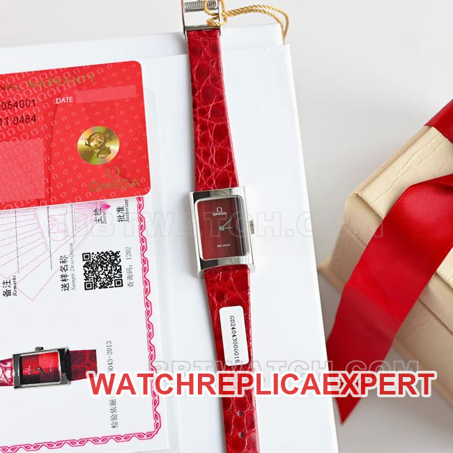 collectible Watch DeVille Omega Red Dial Quartz Red Leather Strap Front Real Photo