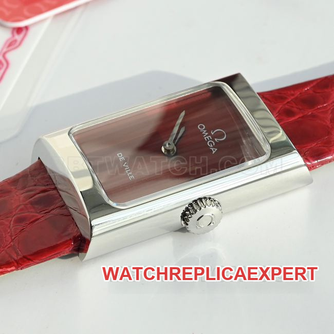 collectible watch De Ville Omega red dial quartz red leather strap side real shot photos