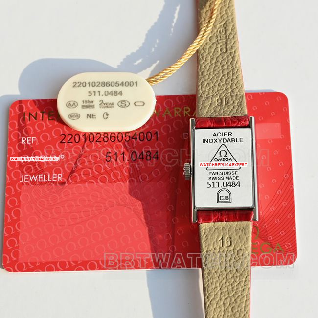 Actual Back View Photo of the Best-Quality Omega De Ville Red Dial Quartz Watch with a Red Leather Strap