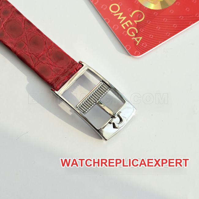 Pre-owned Omega De Ville watch, quartz movement, red dial, red leather strap with buckle, real picture